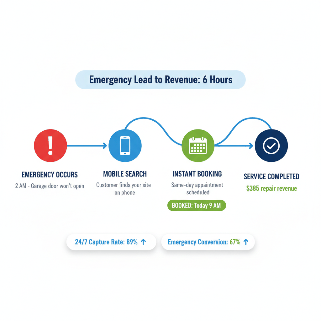 Emergency garage door booking system flow from mobile search to completed service showing 6-hour revenue cycle