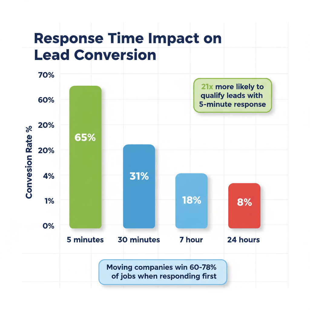 Bar chart showing moving company lead conversion rates by response time - 5 minutes vs 30 minutes vs longer delays