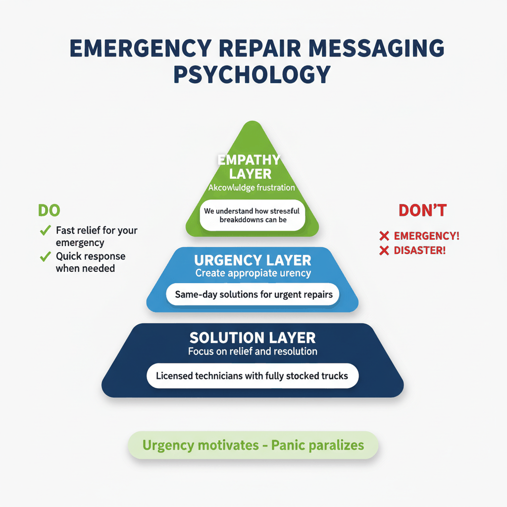 Emergency messaging psychology framework showing three-tier approach of empathy, urgency, and solution layers - emergency appliance repair messaging
