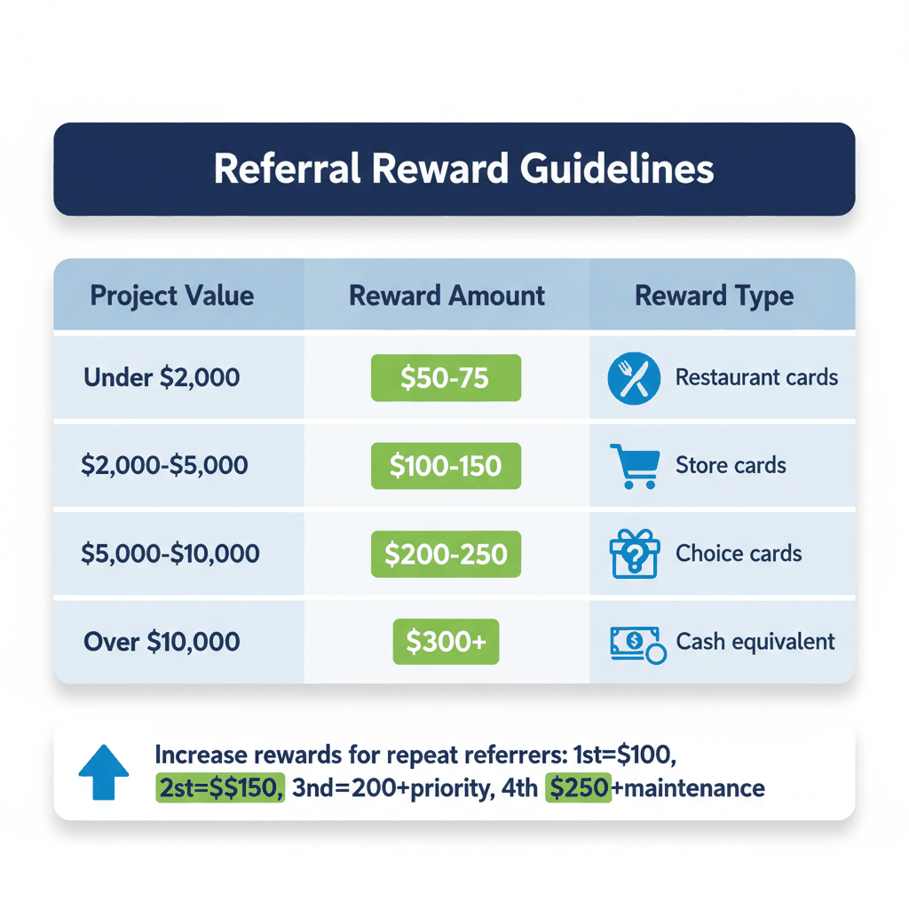 Referral reward structure guide showing appropriate amounts by project value - flooring contractor referral program