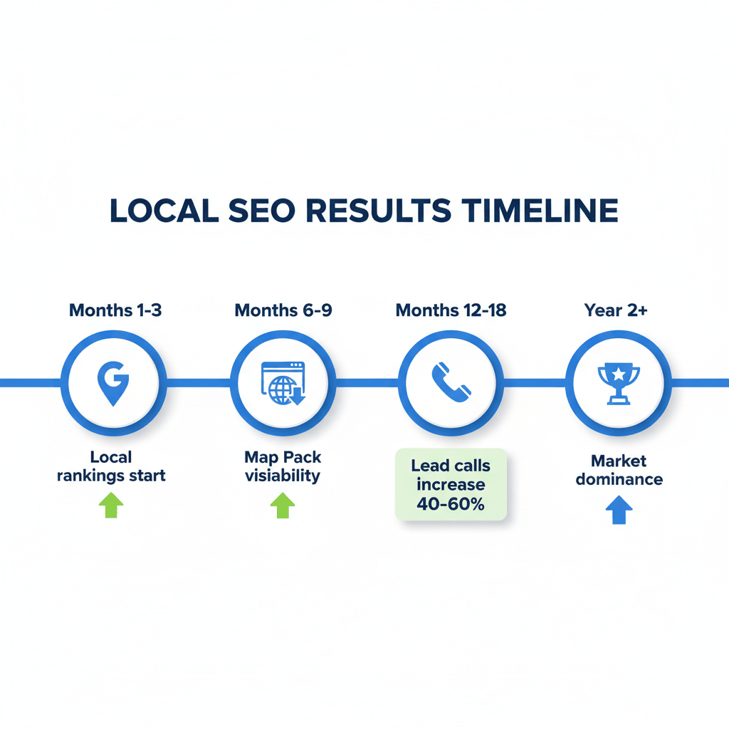 Local SEO timeline showing ranking progression and lead generation milestones for water damage restoration companies over 2 years