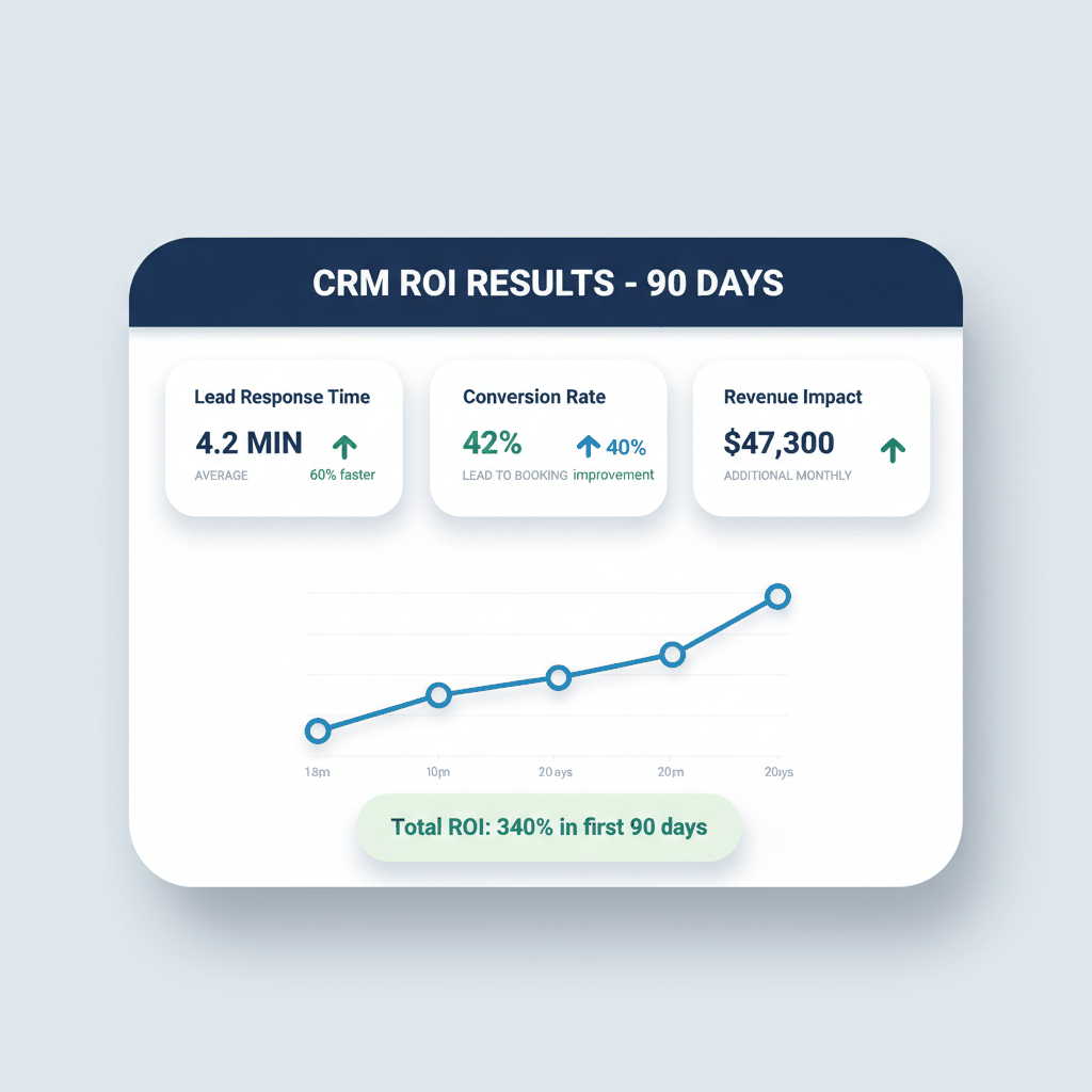 CRM ROI dashboard showing 90-day results for moving companies - conversion rates, response times, and revenue impact
