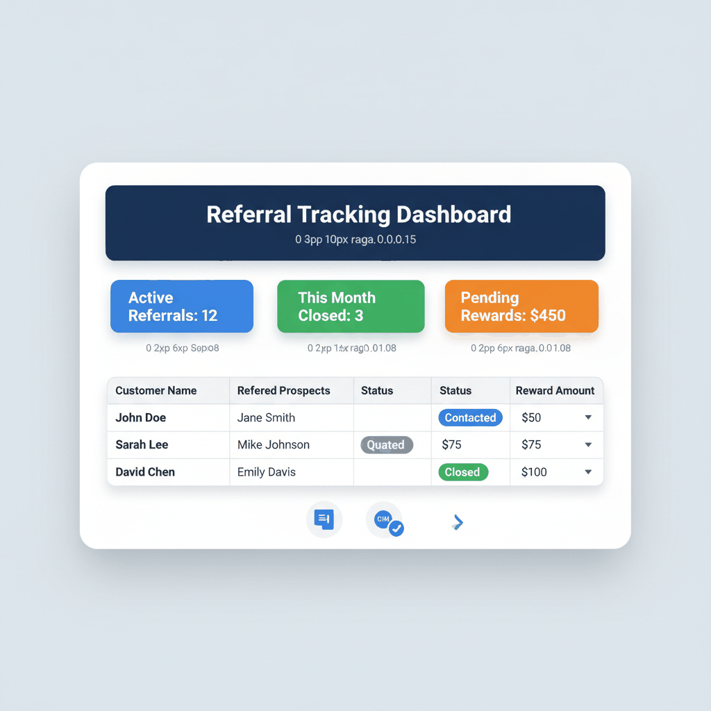 Referral tracking dashboard showing active referrals, closed deals, and pending rewards - contractor CRM system
