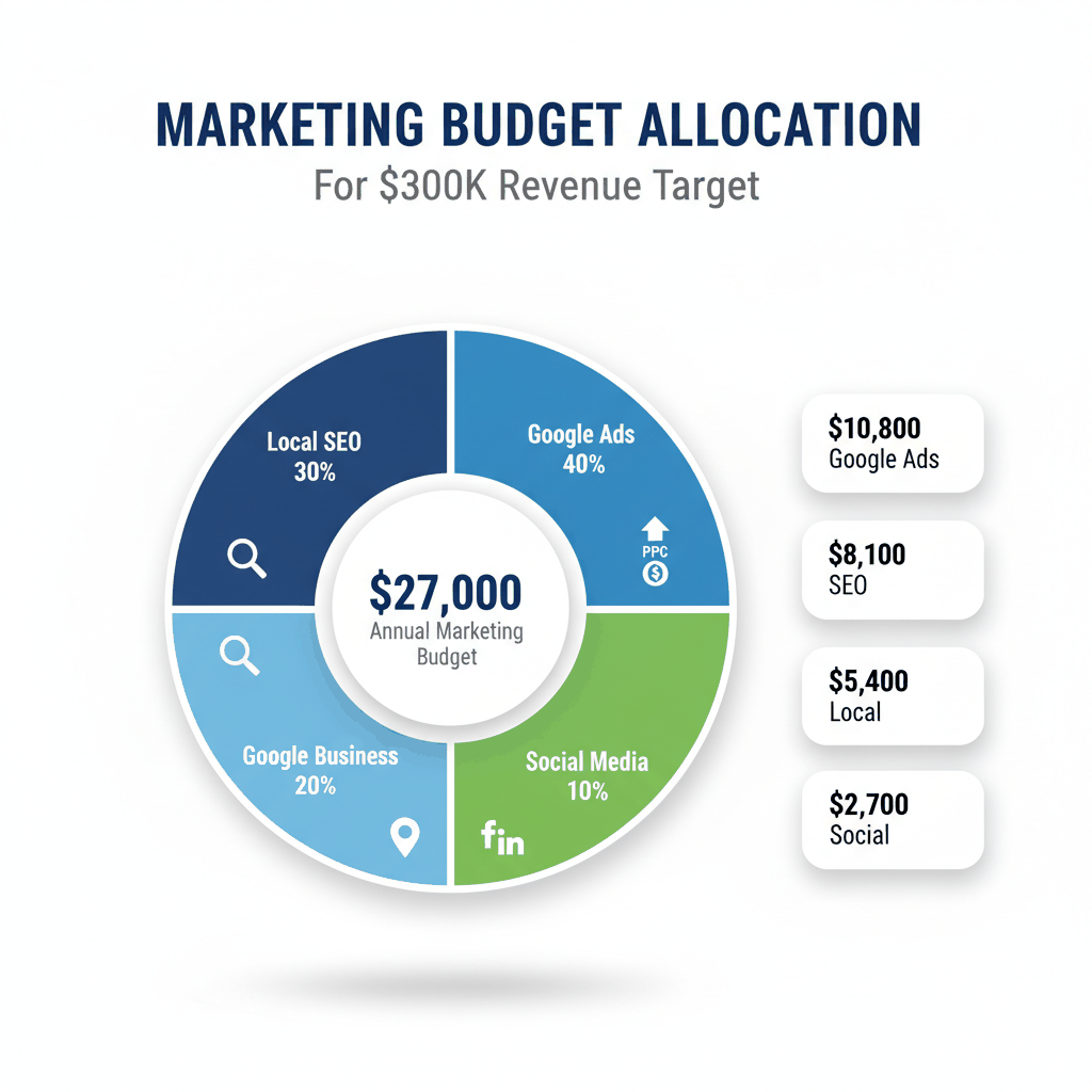 Marketing budget allocation pie chart for water damage restoration companies showing recommended spending across Google Ads, SEO, and local marketing