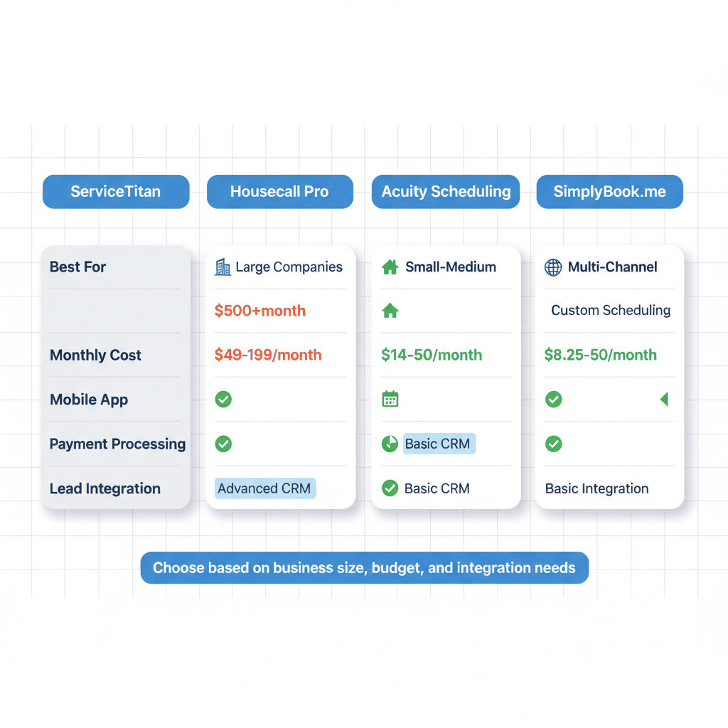 Garage door booking software platform comparison showing features, pricing, and best use cases for ServiceTitan, Housecall Pro, Acuity, and SimplyBook.me