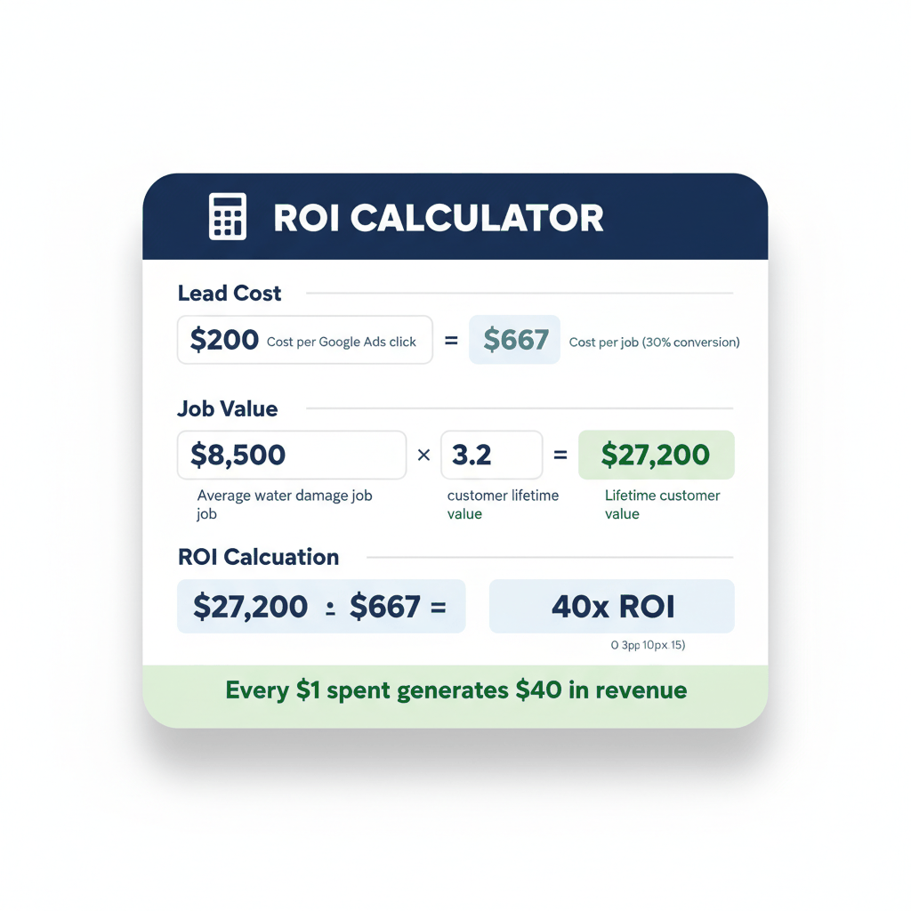 ROI calculator showing water damage restoration marketing returns with lead costs, job values, and lifetime customer value calculations
