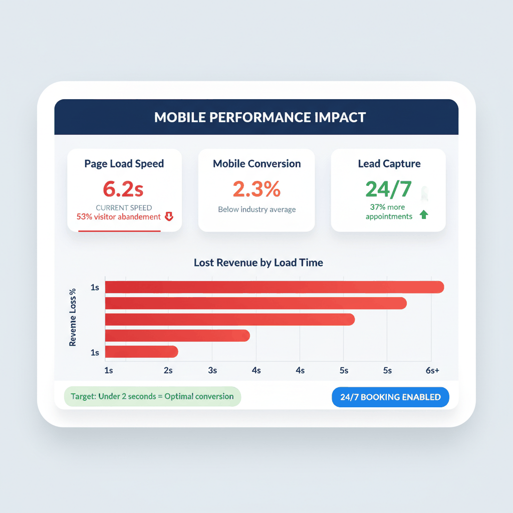 Mobile website performance dashboard showing 6.2 second load times cause 53% visitor abandonment for garage door booking sites