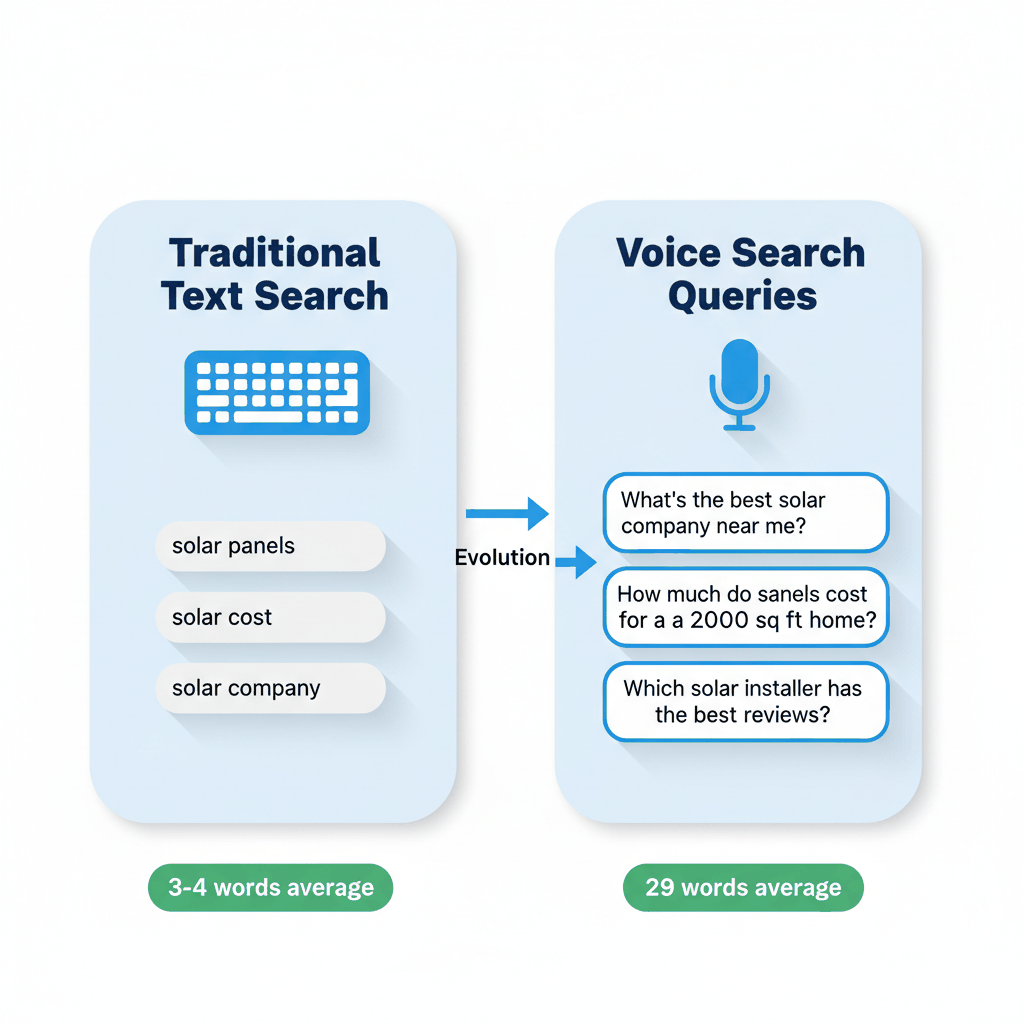 Comparison showing evolution from short text searches to long conversational voice search queries for solar companies