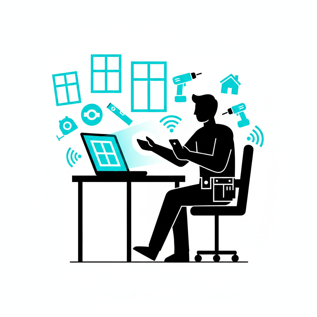 Bold graphic contractor silhouette conducting virtual window consultation with cyan digital elements - virtual window consultation guide