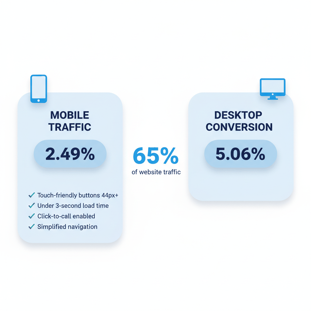 Mobile vs desktop conversion rate comparison for painting contractor websites showing 65% mobile traffic converts at 2.49% vs desktop 5.06%
