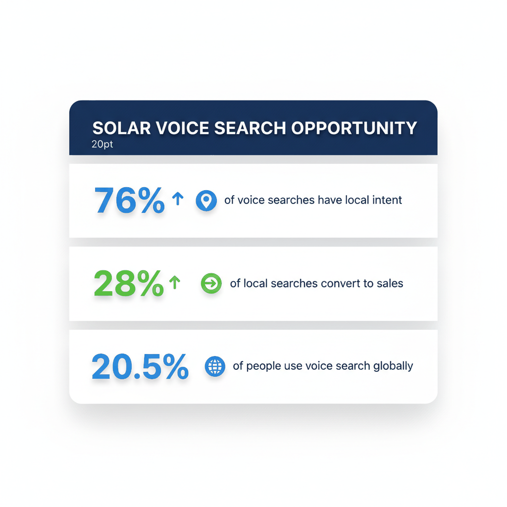 Key statistics dashboard showing 76% local intent, 28% conversion rate, and 20.5% global voice search adoption for solar companies