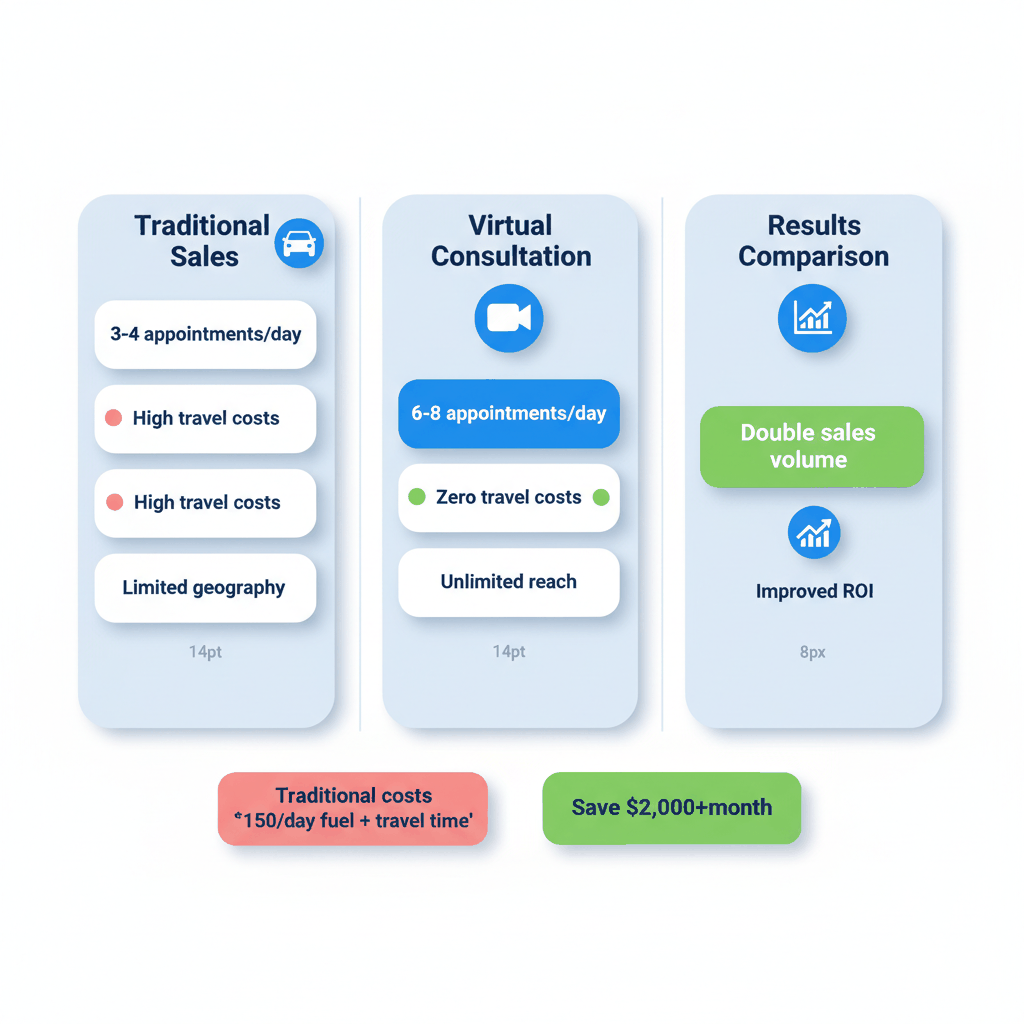 Virtual consultation vs traditional window sales comparison showing double appointment capacity and cost savings - remote home improvement sales benefits