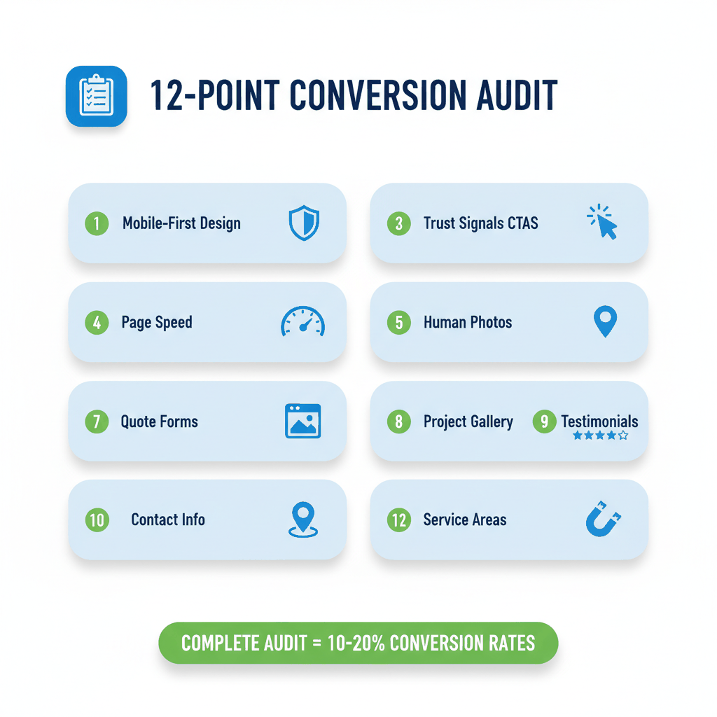 Complete 12-point website conversion audit checklist for painting contractors with mobile design, trust signals, CTAs, and optimization elements