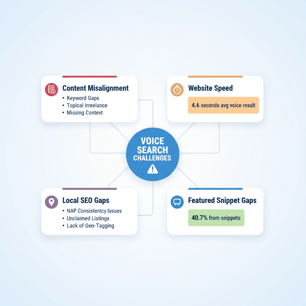 Four main voice search optimization challenges facing solar companies: content misalignment, website speed, local SEO gaps, and featured snippet optimization
