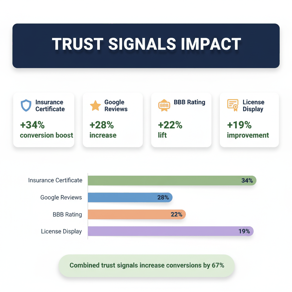 Trust signals impact dashboard showing insurance certificates boost conversions 34%, Google reviews 28%, BBB rating 22% for painting websites