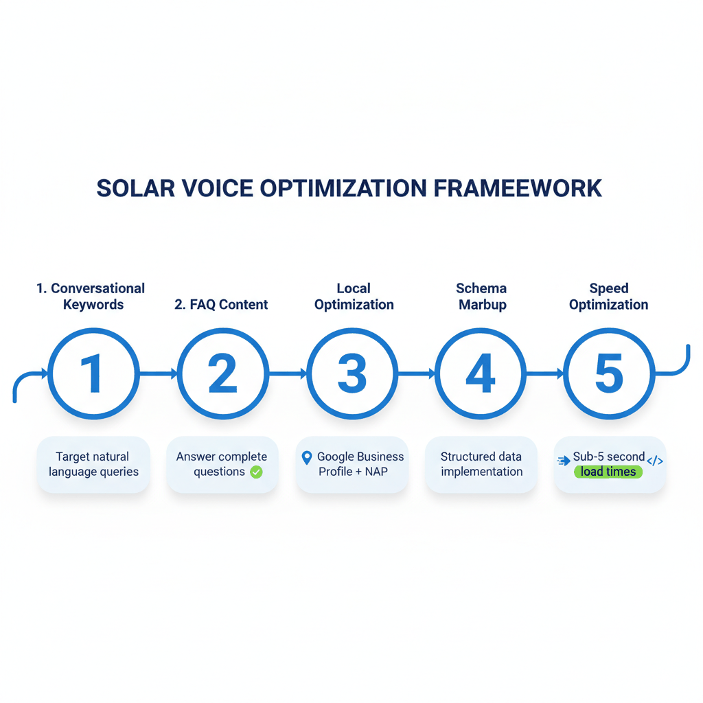 Five-step solar voice search optimization framework covering conversational keywords, FAQ content, local optimization, schema markup, and speed optimization