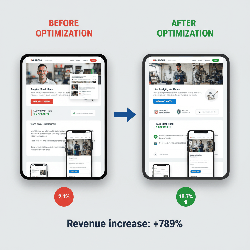 Before and after website conversion optimization showing painting contractor site improving from 2.1% to 18.7% conversion rate with professional design