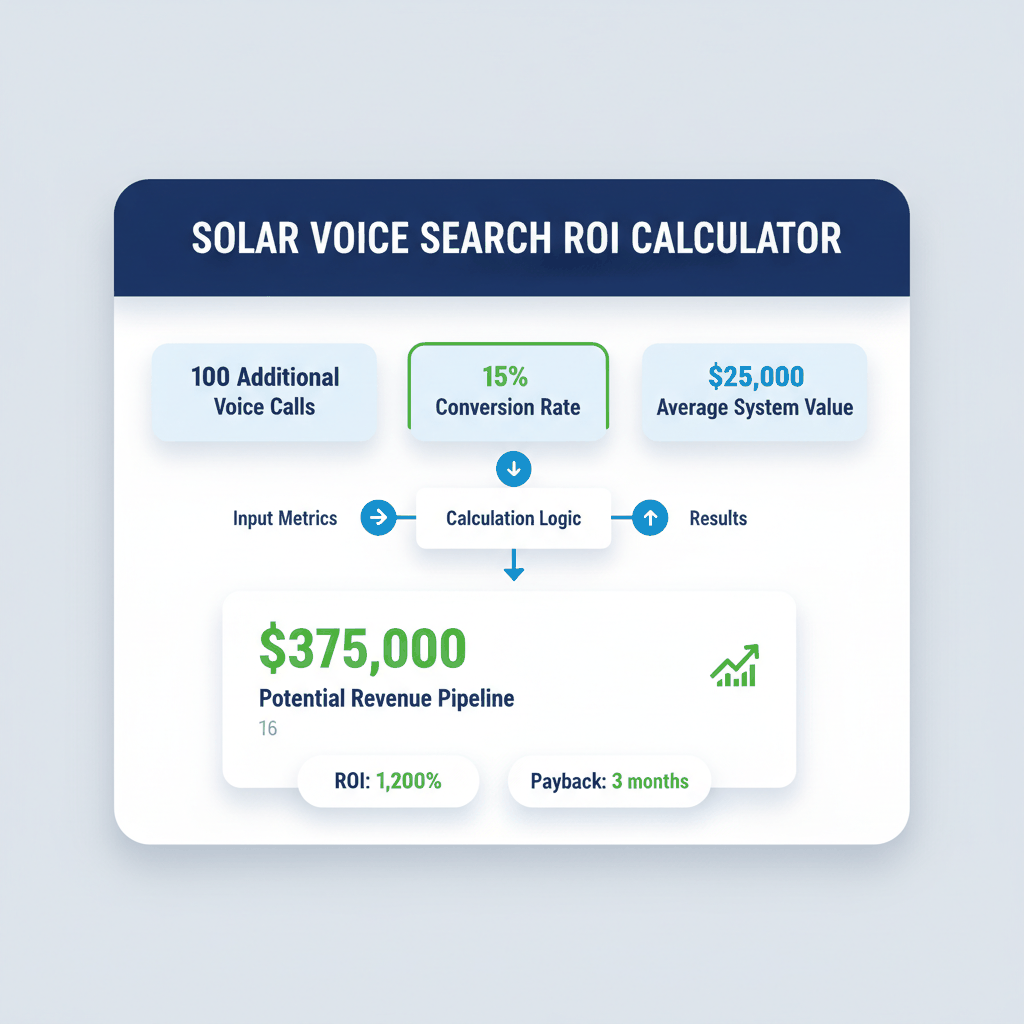 Solar voice search ROI calculator showing $375,000 potential revenue from 100 additional voice search calls with 15% conversion rate