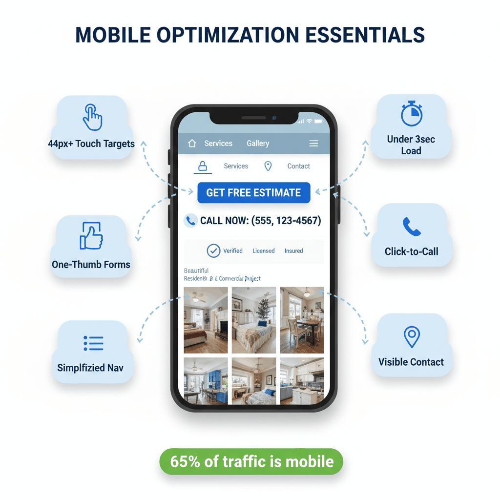 Mobile optimization checklist for painting contractor websites showing 44px touch targets, 3-second load times, and click-to-call implementation