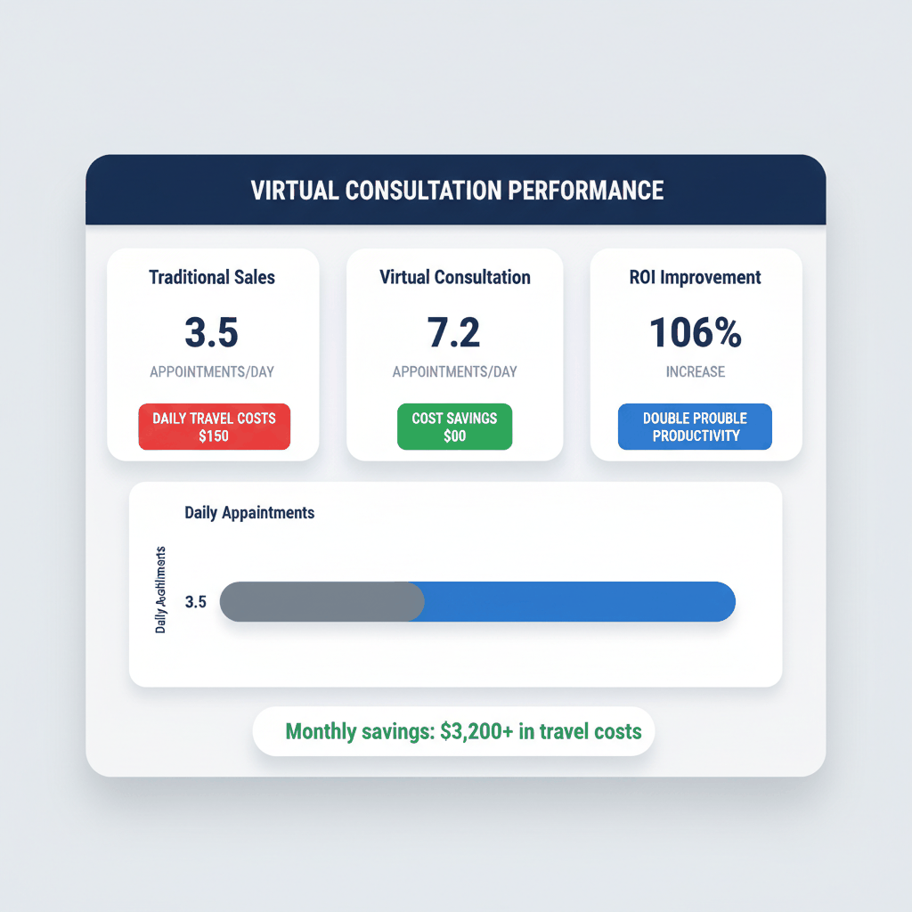 Virtual consultation ROI dashboard showing 106% productivity increase and $3,200+ monthly savings compared to traditional window sales - digital sales metrics