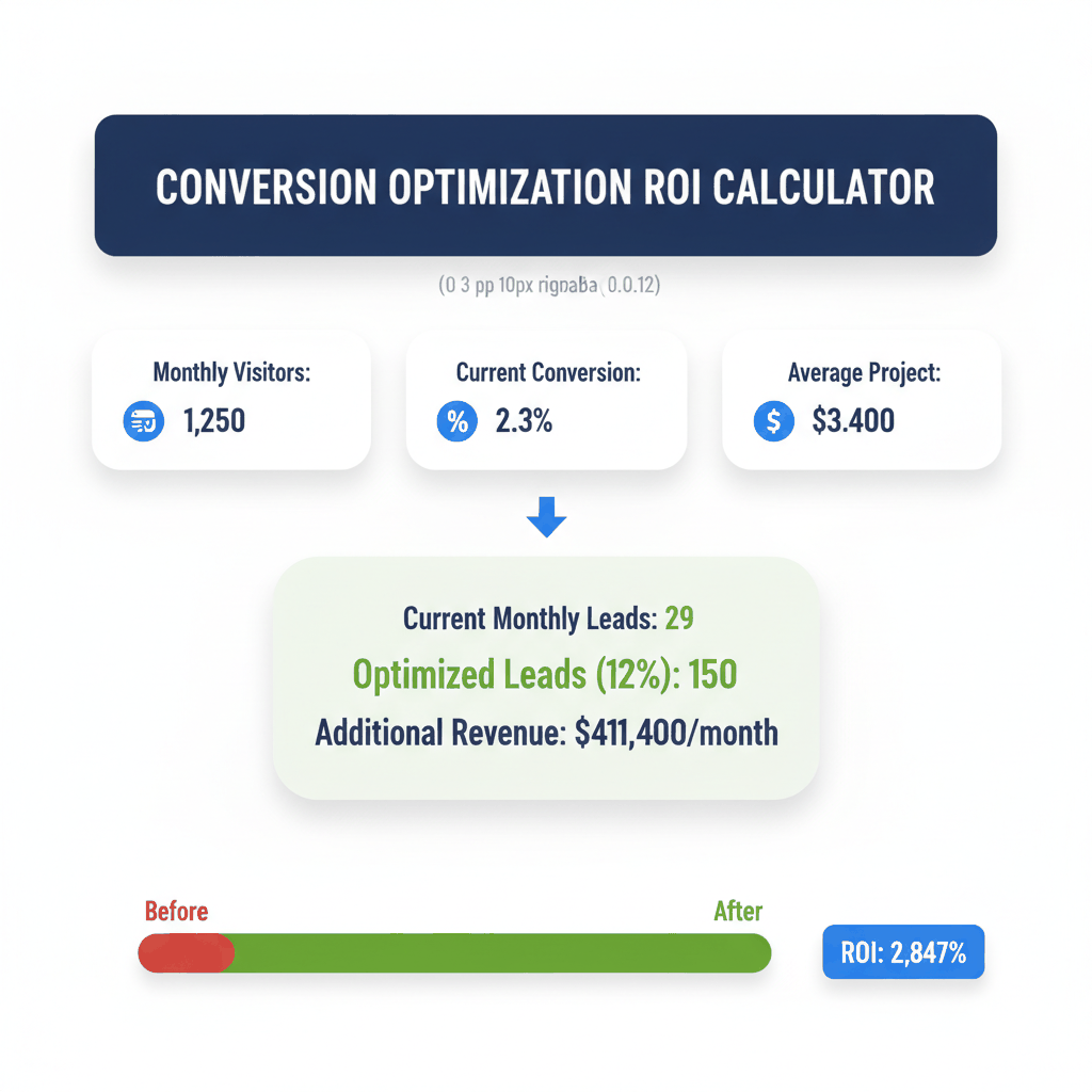 ROI calculator dashboard showing painting website optimization increasing 1,250 monthly visitors from 2.3% to 12% conversion rate generating $411,400 additional revenue
