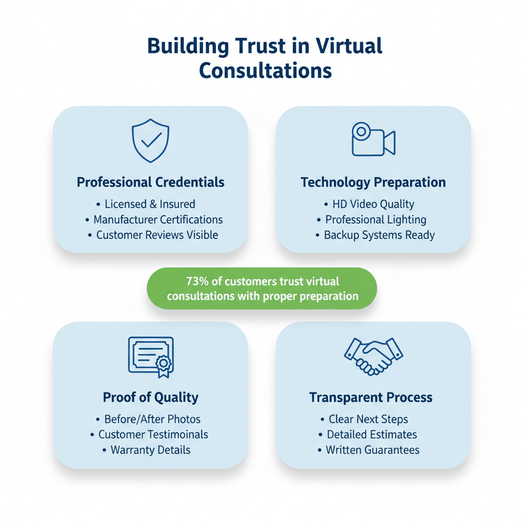 Trust-building elements for virtual window consultation including credentials, technology, quality proof, and transparent process - remote sales confidence
