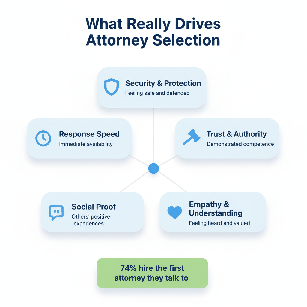 Five key psychological factors driving personal injury attorney selection - security, trust, empathy, social proof, response speed infographic