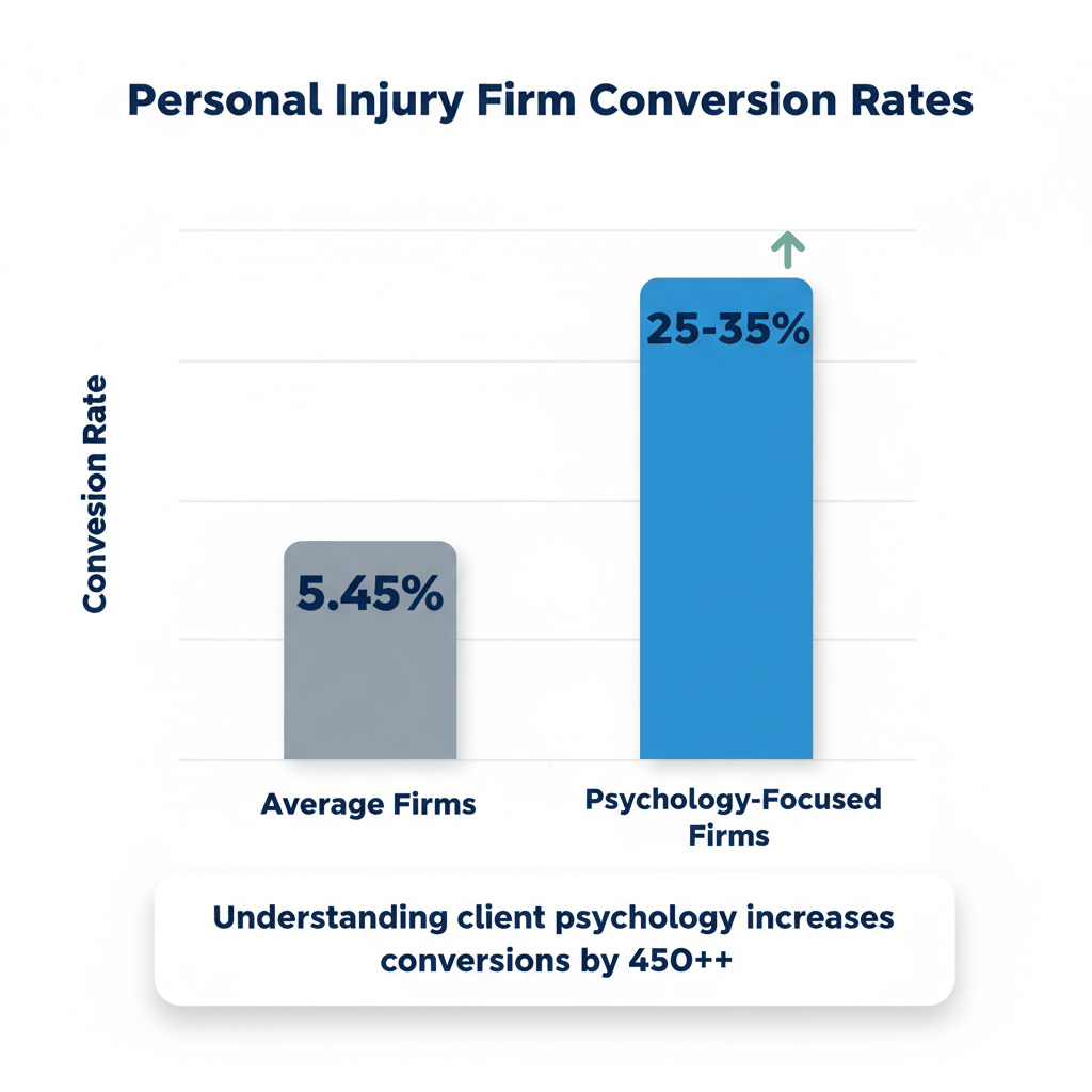 Personal injury law firm conversion rate comparison - average firms 5.45% versus psychology-focused firms 25-35% conversion rates
