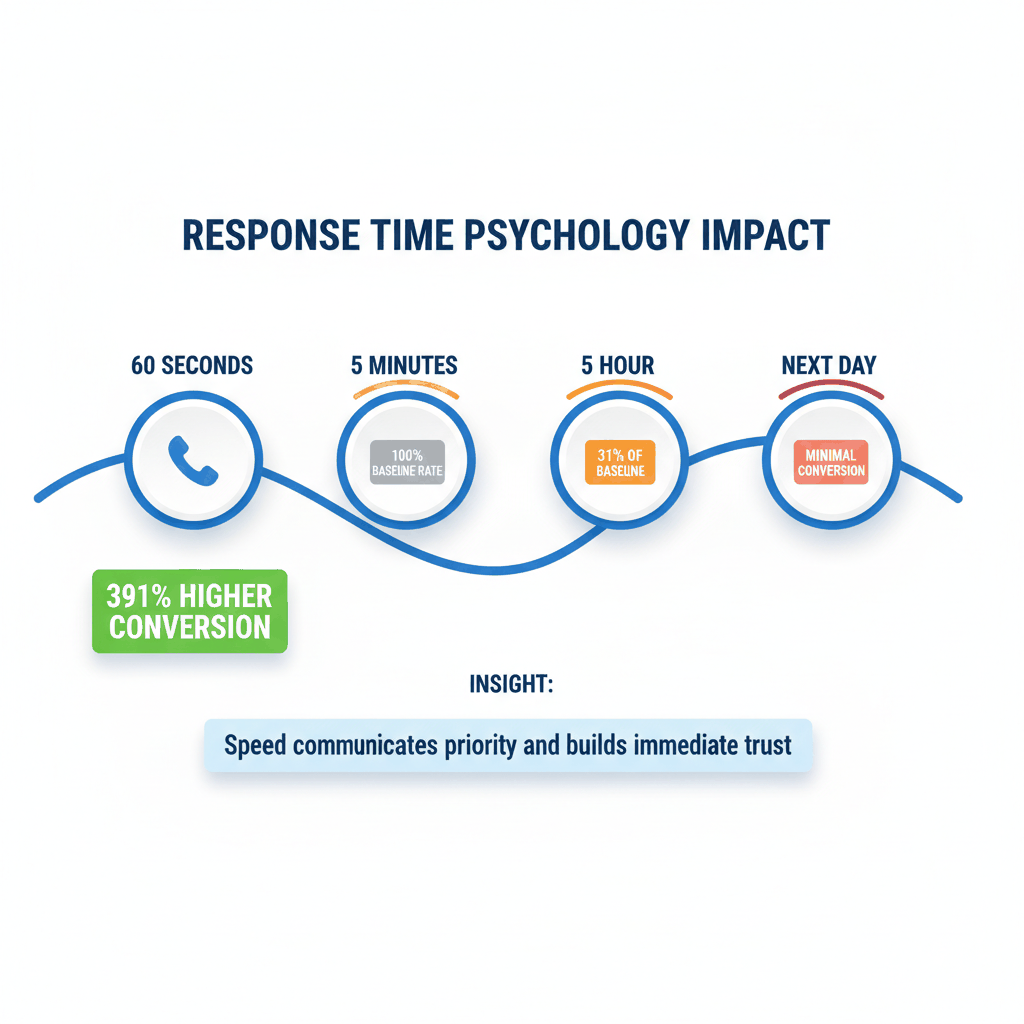Response time psychology timeline showing lead conversion rates - 60 seconds achieves 391% higher conversion than 5 minute baseline