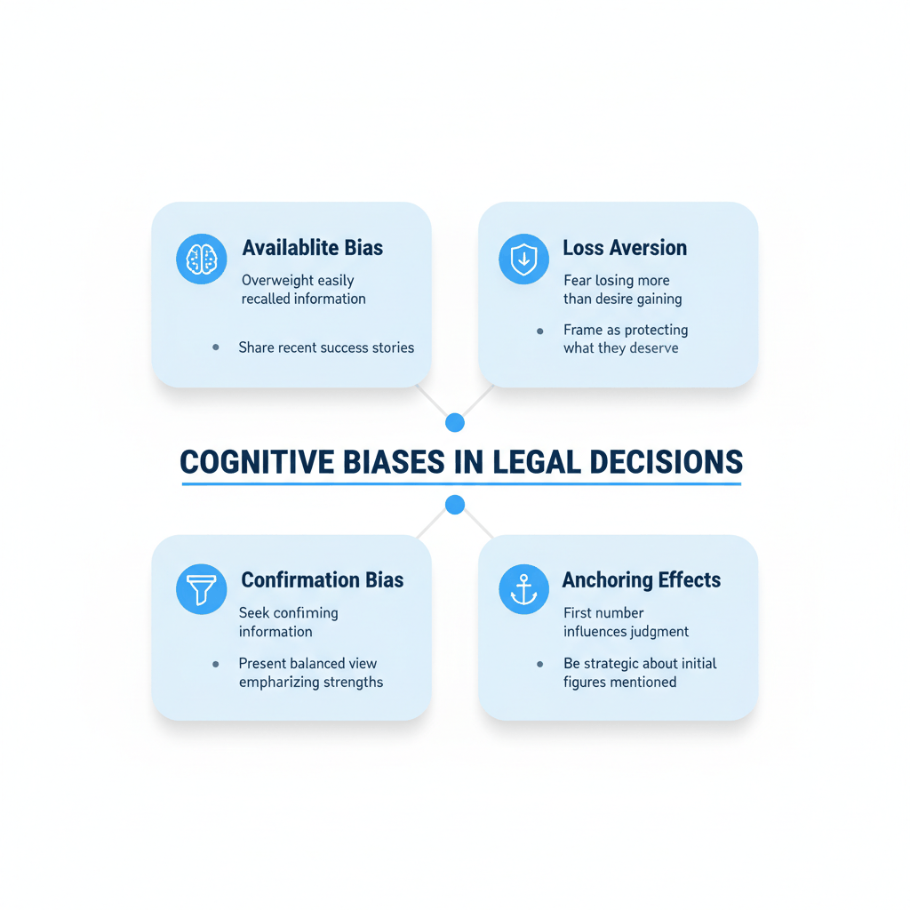 Four cognitive biases affecting personal injury legal decisions - availability bias, loss aversion, confirmation bias, anchoring effects with solutions