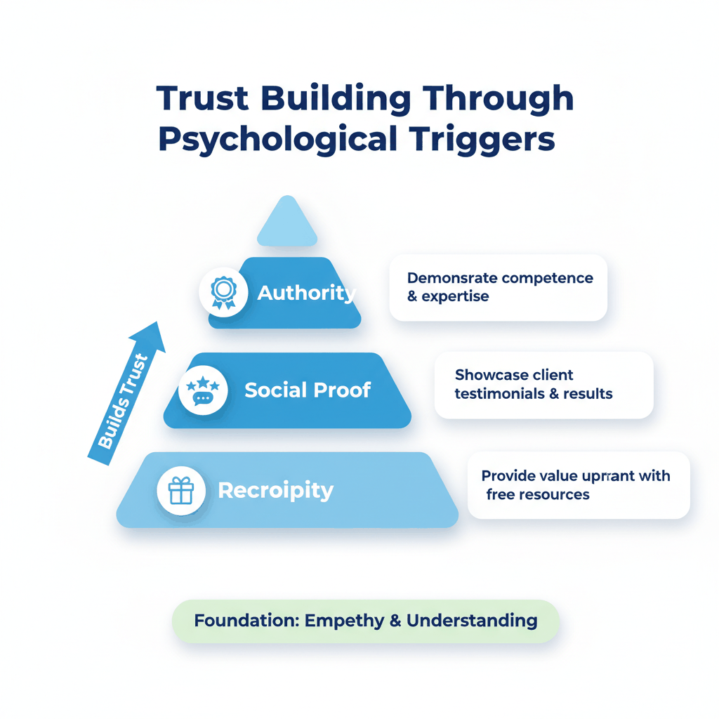 Trust-building psychological triggers pyramid for personal injury attorneys - authority, social proof, reciprocity strategies with empathy foundation