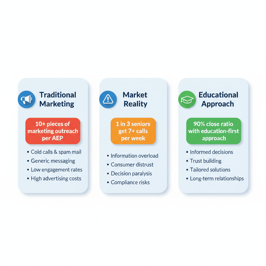 Comparison chart showing traditional Medicare marketing challenges versus educational marketing approach with 90% close ratios