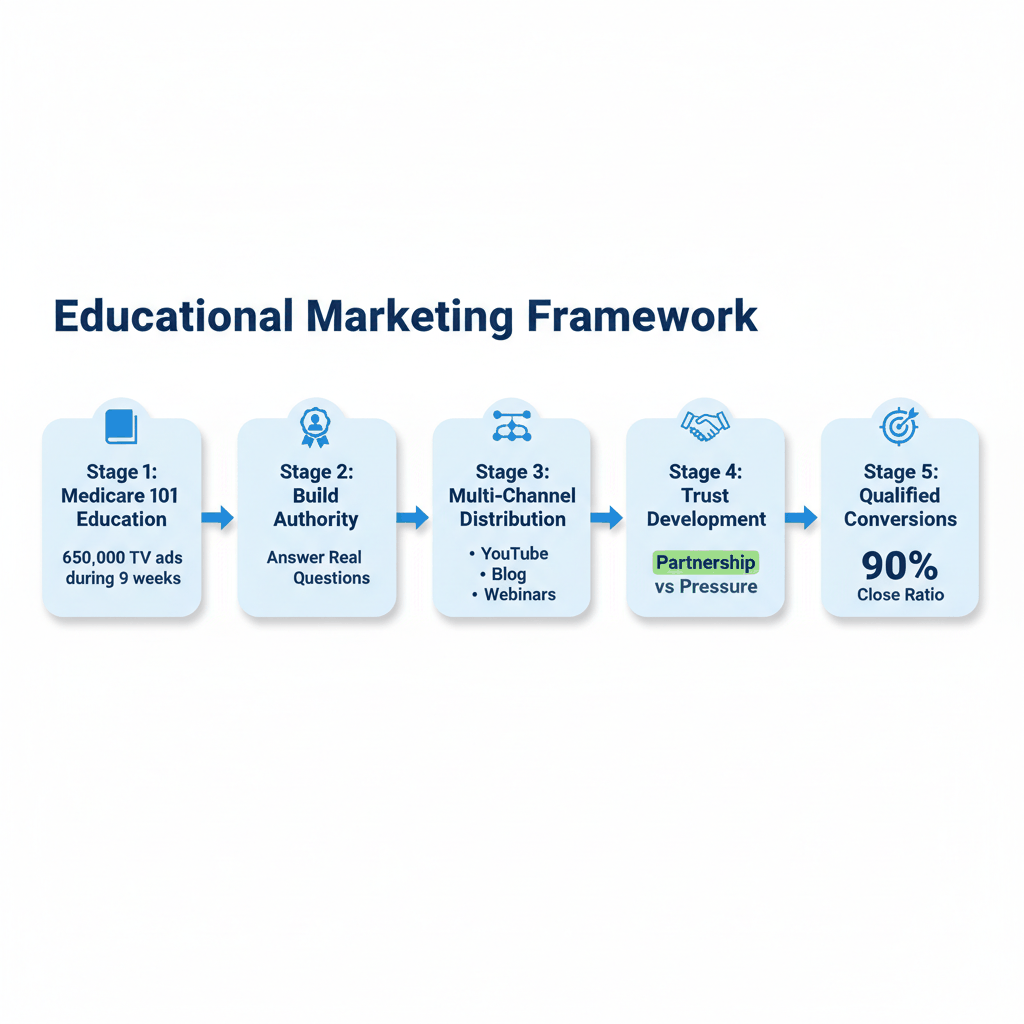 Educational marketing framework showing five-stage process from Medicare 101 education to 90% close ratios