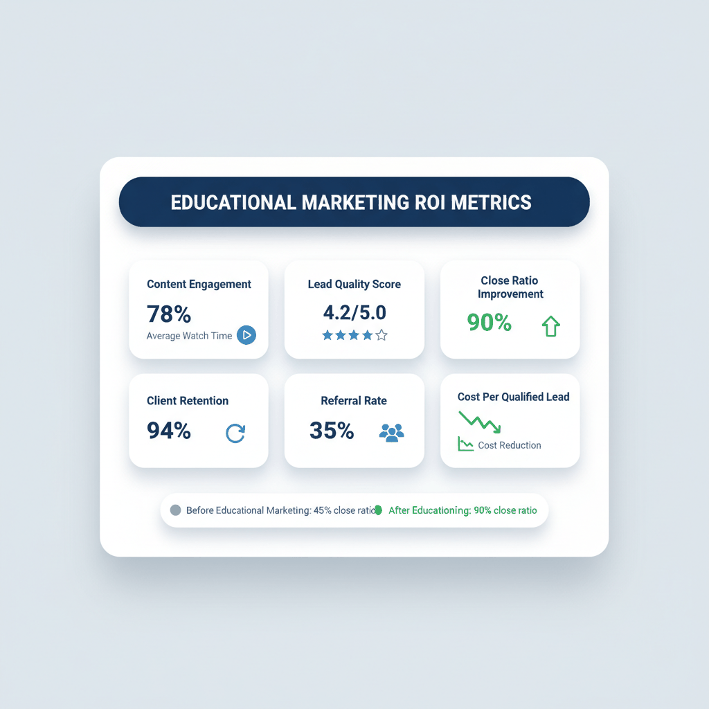 Medicare educational marketing ROI dashboard showing 90% close ratios, 78% engagement, and improved lead quality metrics
