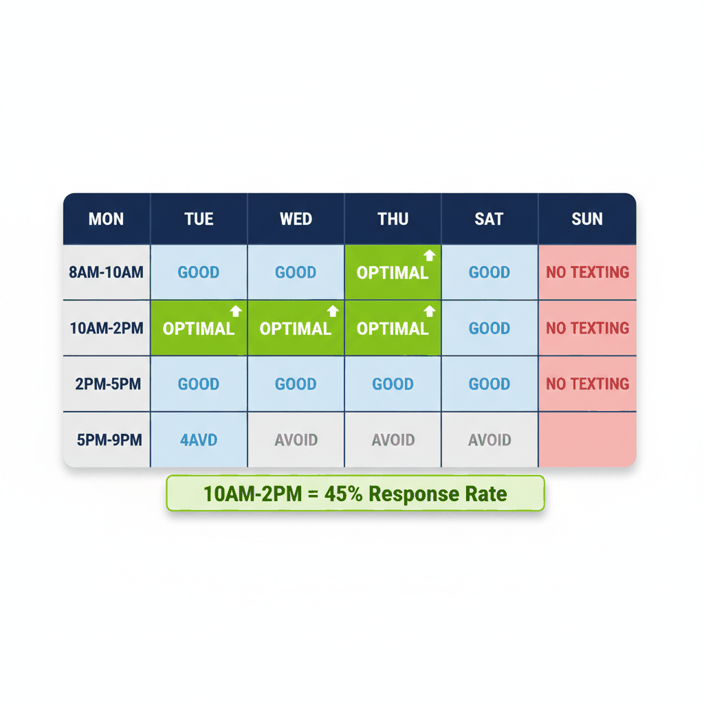 Weekly SMS timing schedule showing 10AM-2PM weekdays optimal for final expense insurance prospects