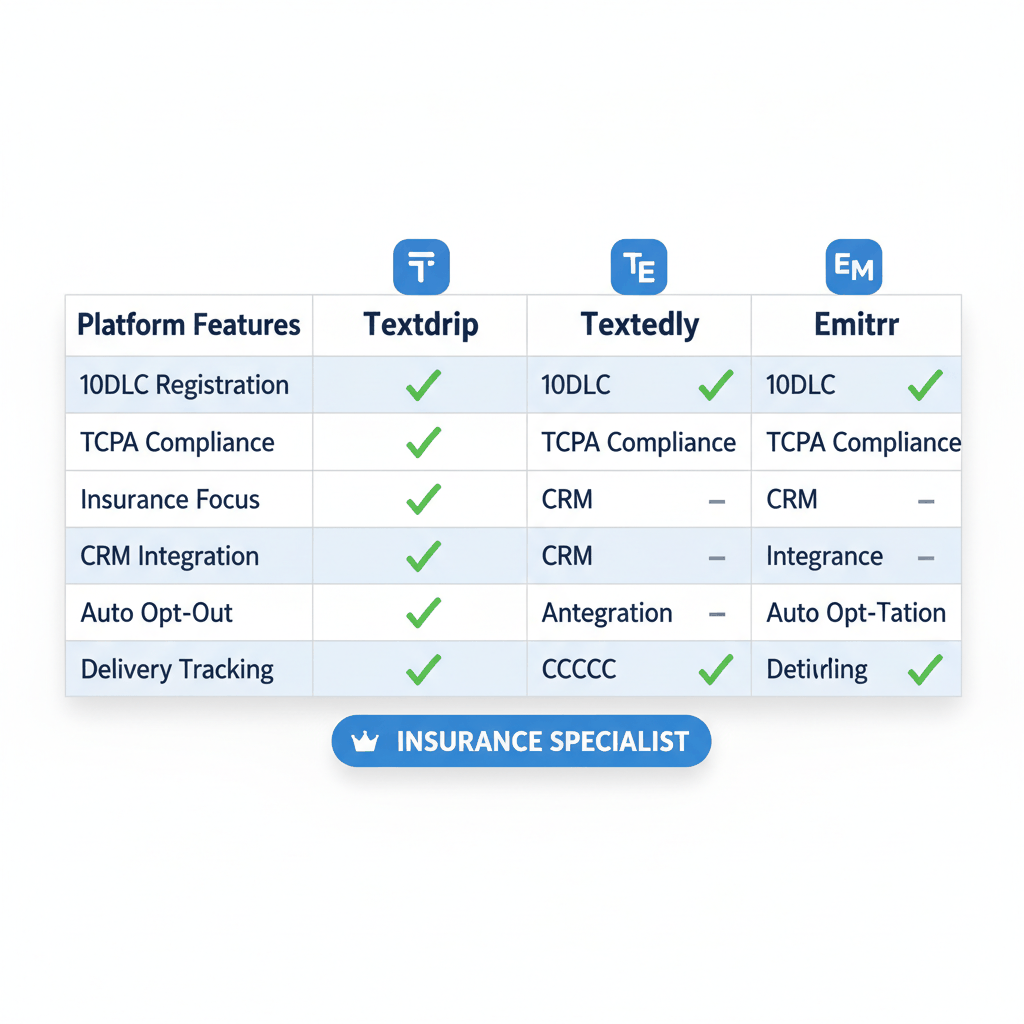 SMS platform feature comparison showing Textdrip, Textedly, and Emitrr for insurance agents