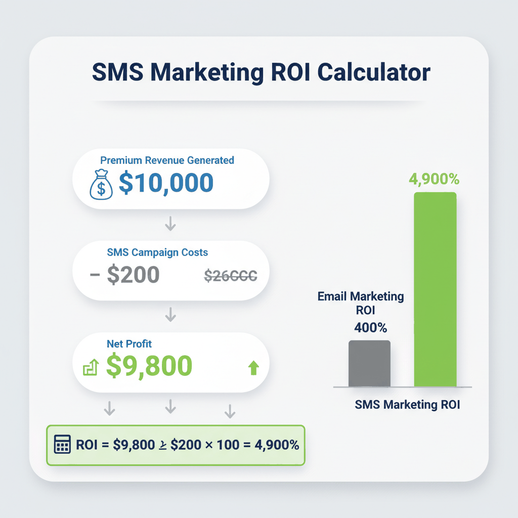 SMS marketing ROI calculation showing 4,900% return vs 400% email marketing for insurance agents