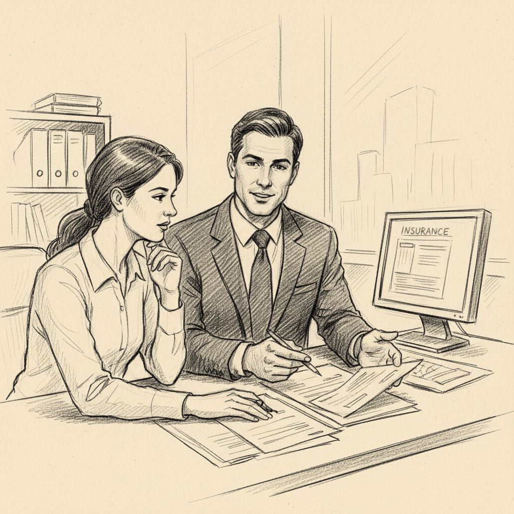 Hand-drawn charcoal sketch of insurance agent consulting with client about auto insurance policy - auto insurance SEO lead generation