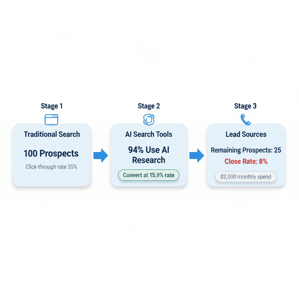 AI search impact flow diagram showing declining lead quality for auto insurance agents - conversion rates and cost analysis