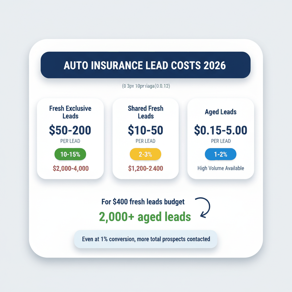 Auto insurance lead cost comparison 2026 - fresh exclusive vs shared vs aged leads with conversion rates and ROI analysis