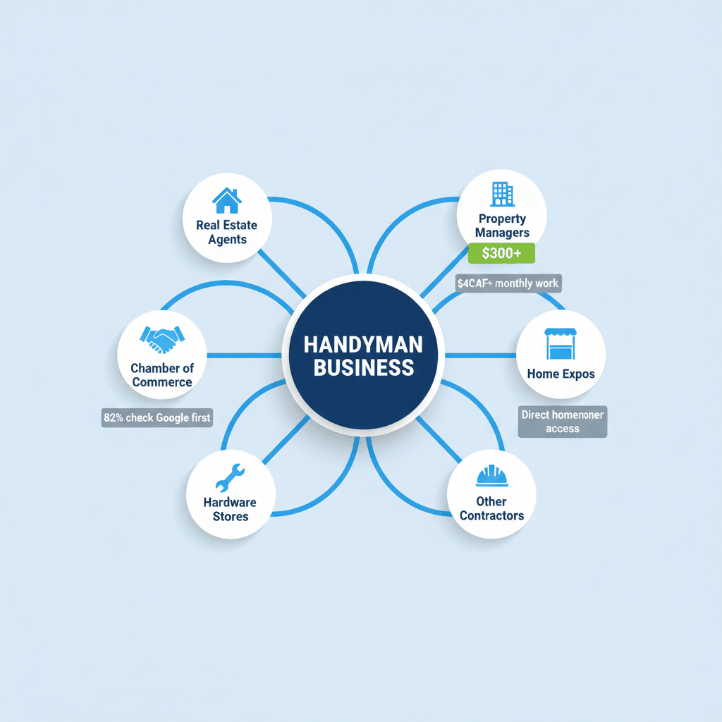 Local networking strategy diagram showing connections between handyman business and real estate agents, property managers, and community organizations