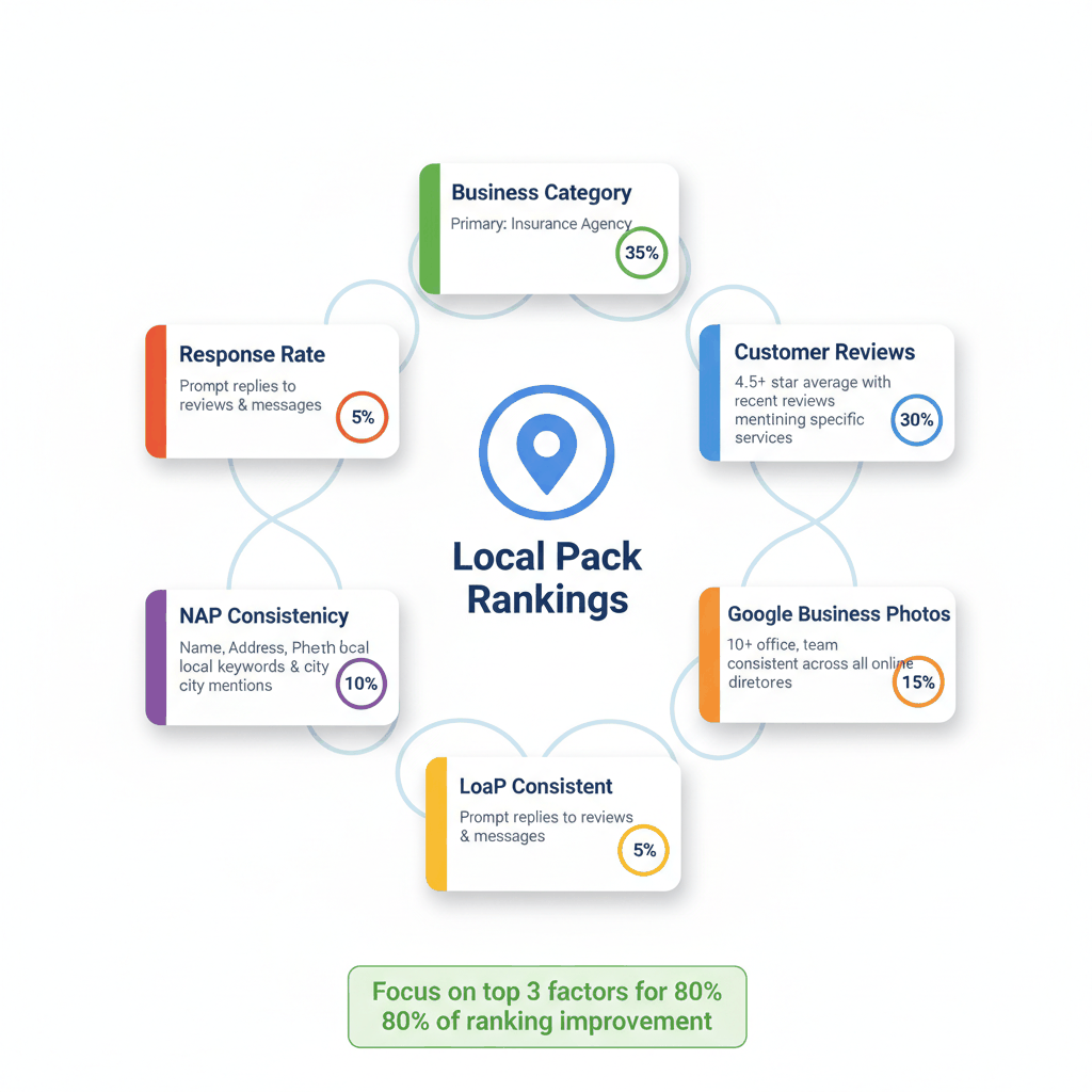 Google Local Pack ranking factors for insurance agents - business category optimization and review importance