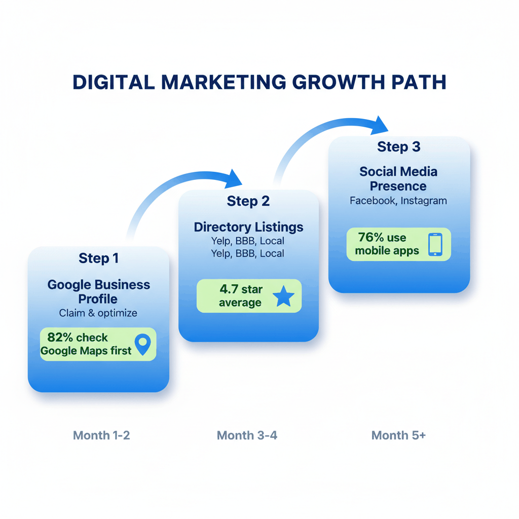 Digital marketing funnel showing progression from Google Business Profile optimization to social media presence for handyman lead generation