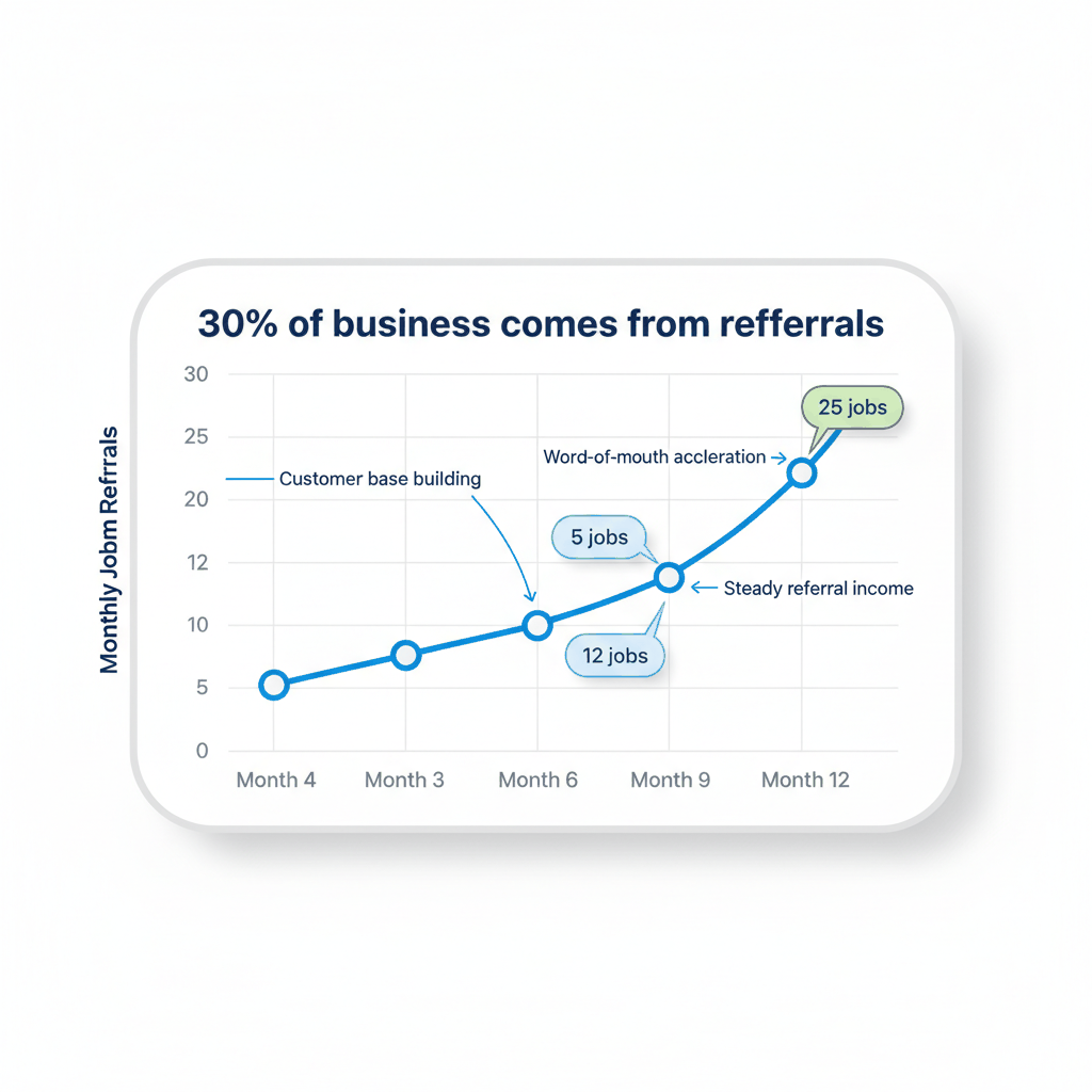 Referral growth chart showing progression from 2 to 25 monthly jobs over 12 months demonstrating long-term referral network value