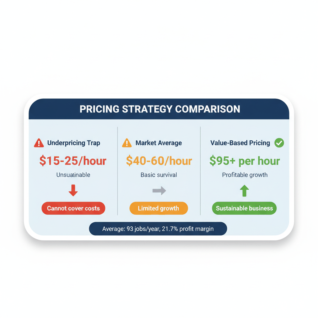 Pricing strategy comparison showing underpricing trap at $15-25/hour versus value-based pricing at $95+ per hour for handyman services