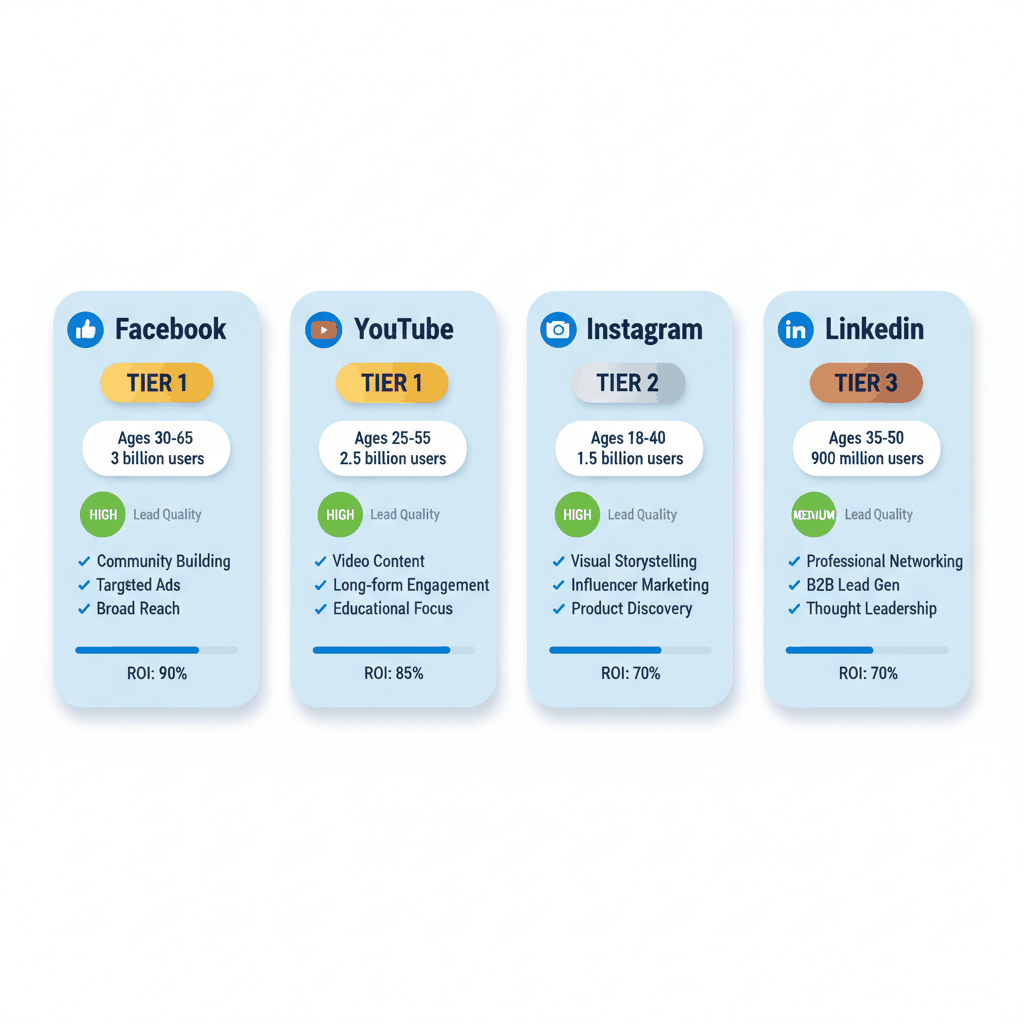 HVAC social media platform ranking comparison chart showing Facebook and YouTube as Tier 1 platforms with highest ROI for contractors