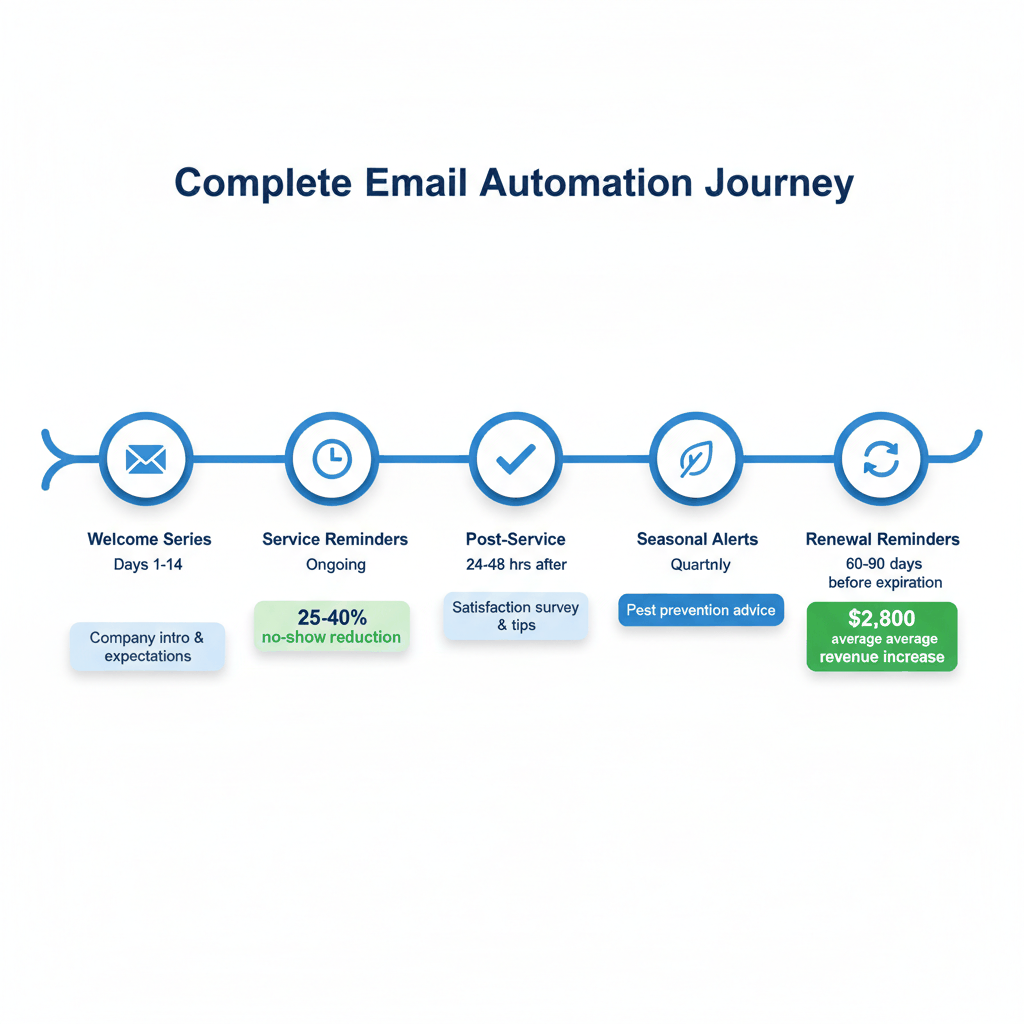 Timeline showing complete pest control email automation sequence from welcome to renewal - email follow-up strategy