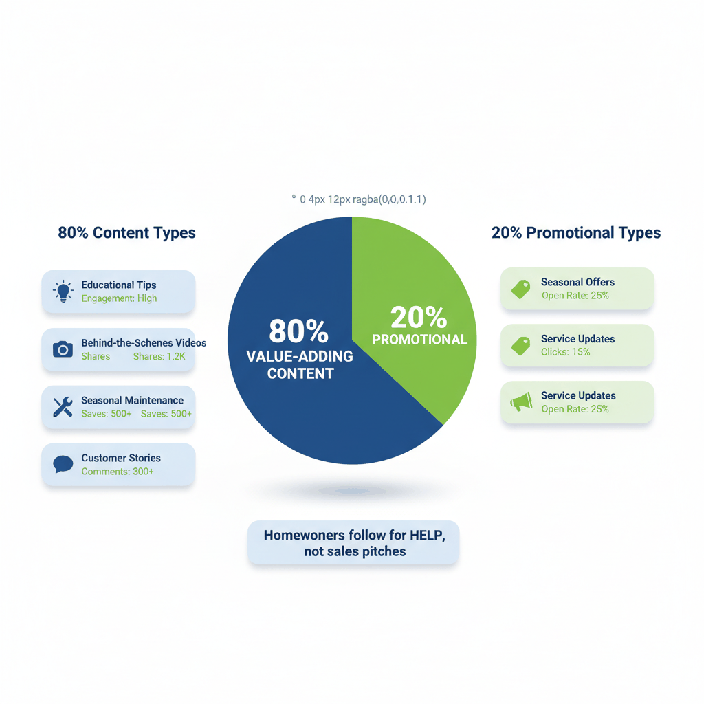 80/20 HVAC social media content strategy showing 80% educational value-adding content versus 20% promotional content for optimal engagement