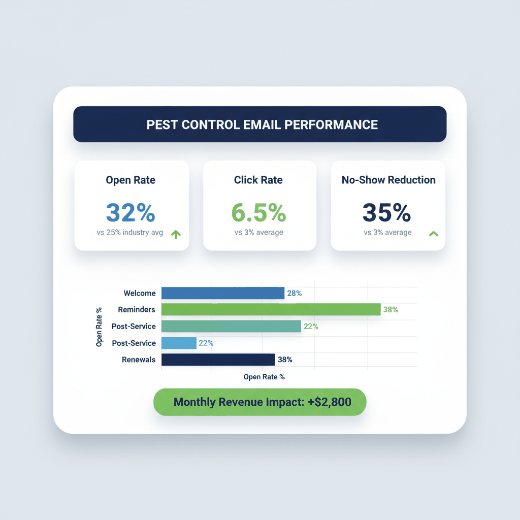 Email marketing performance dashboard showing pest control automation metrics and ROI results - email campaign analytics