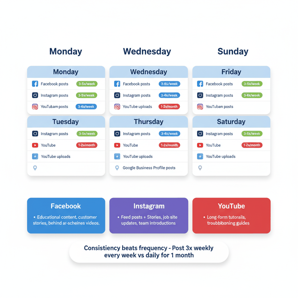 HVAC social media posting schedule showing weekly frequency recommendations for Facebook, Instagram, and YouTube platforms